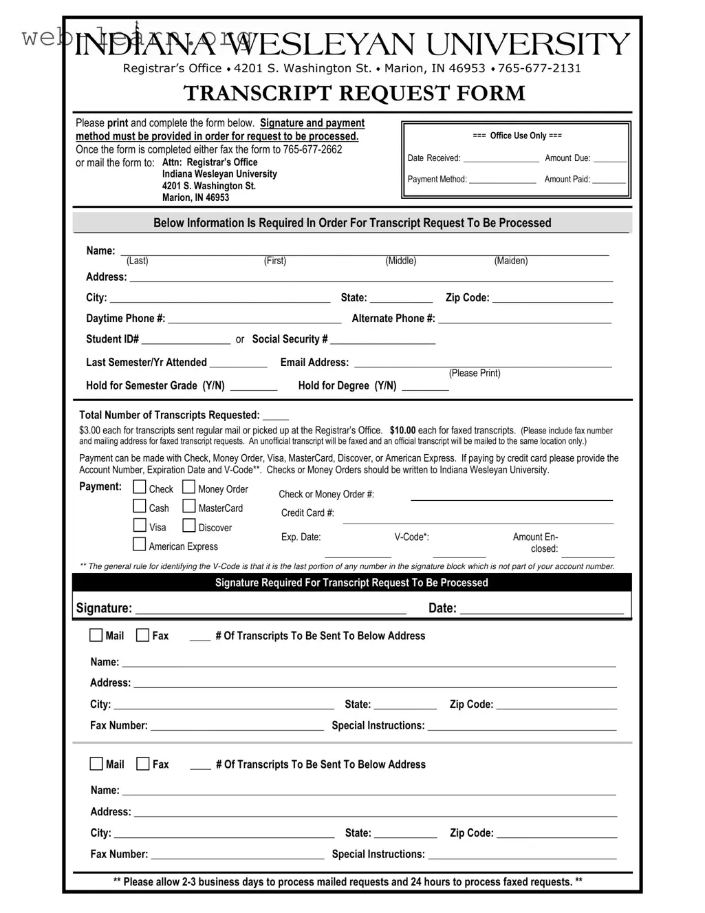 Blank Indiana Transcript Request Form