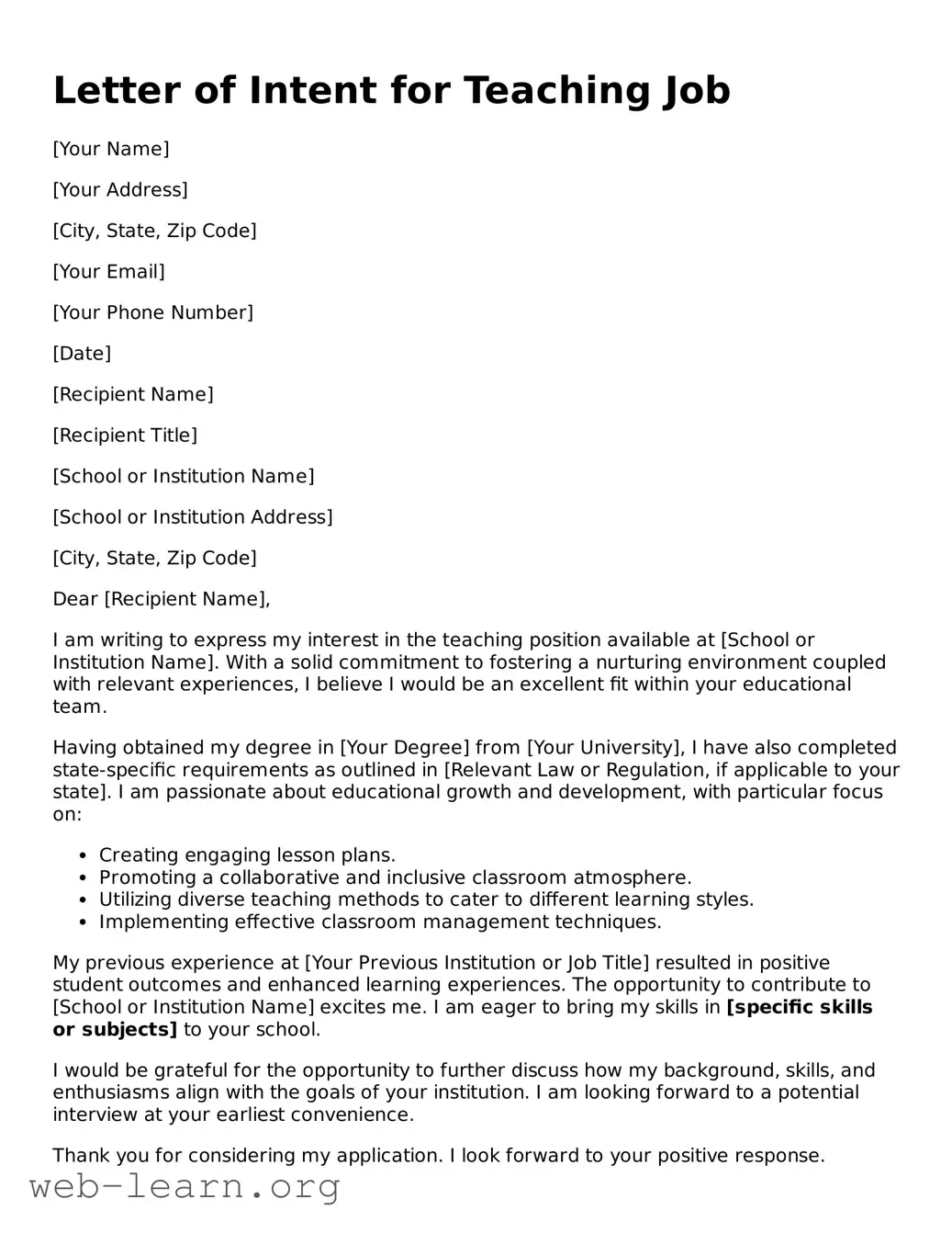 Attorney-Approved Letter of Intent for a Teaching Job Template