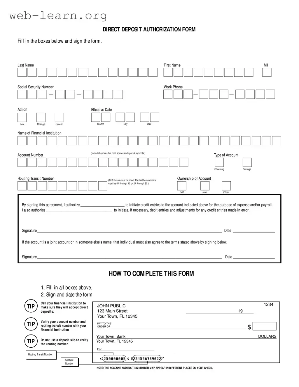 Blank Generic Direct Deposit Form