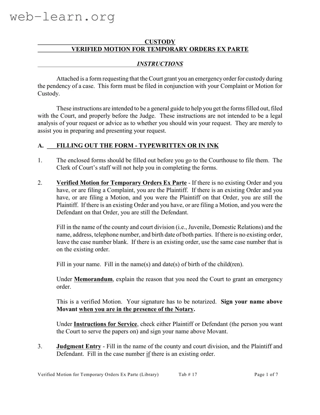 Blank Ex Parte Temporary Custody Order Ohio Form