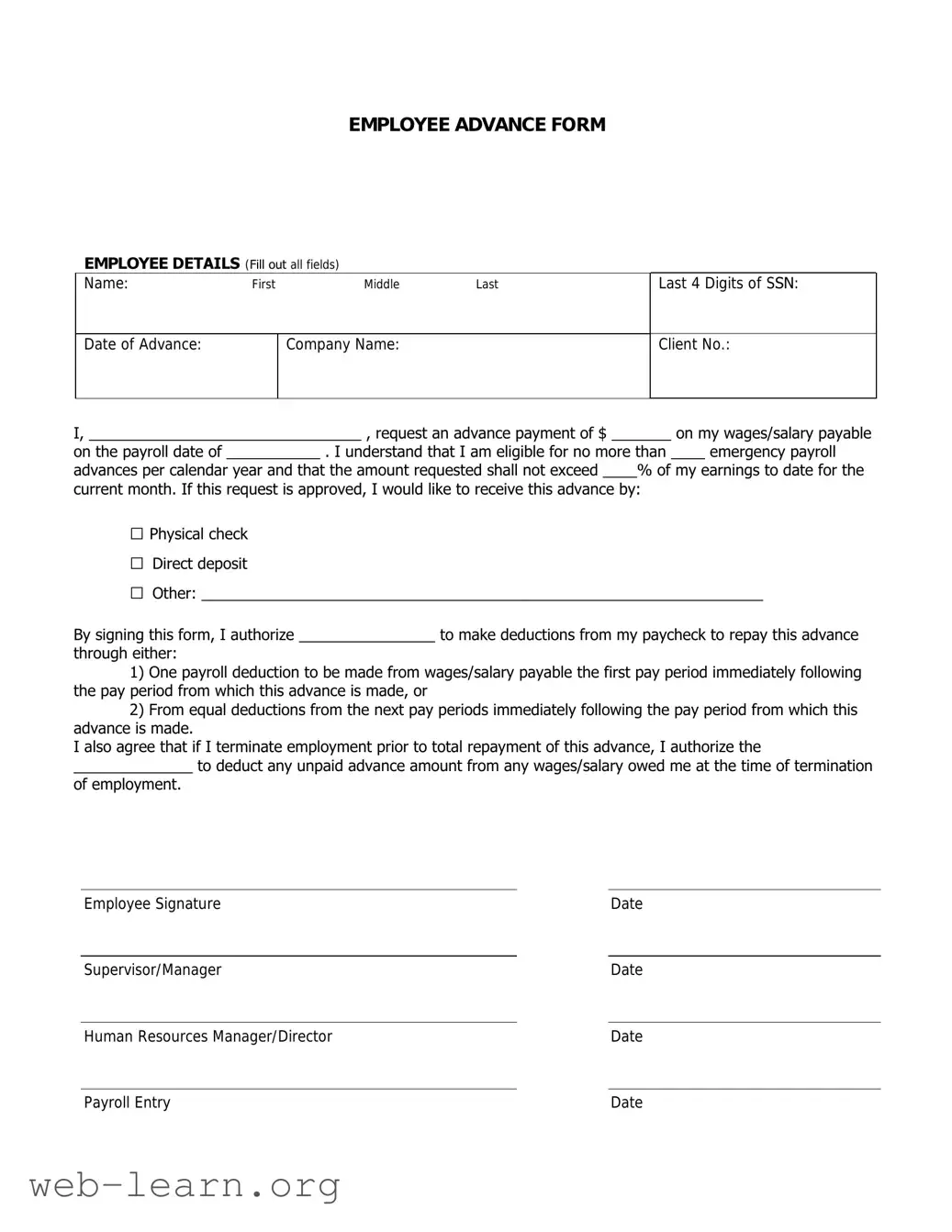 Blank Employee Advance Form