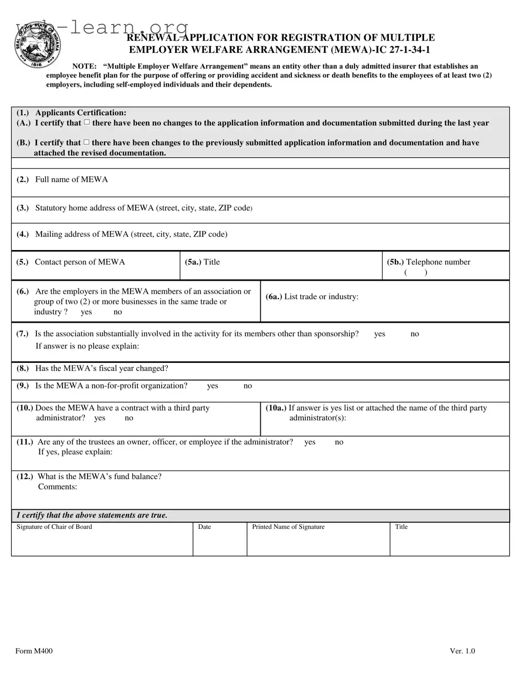 Blank Indiana M400 Form