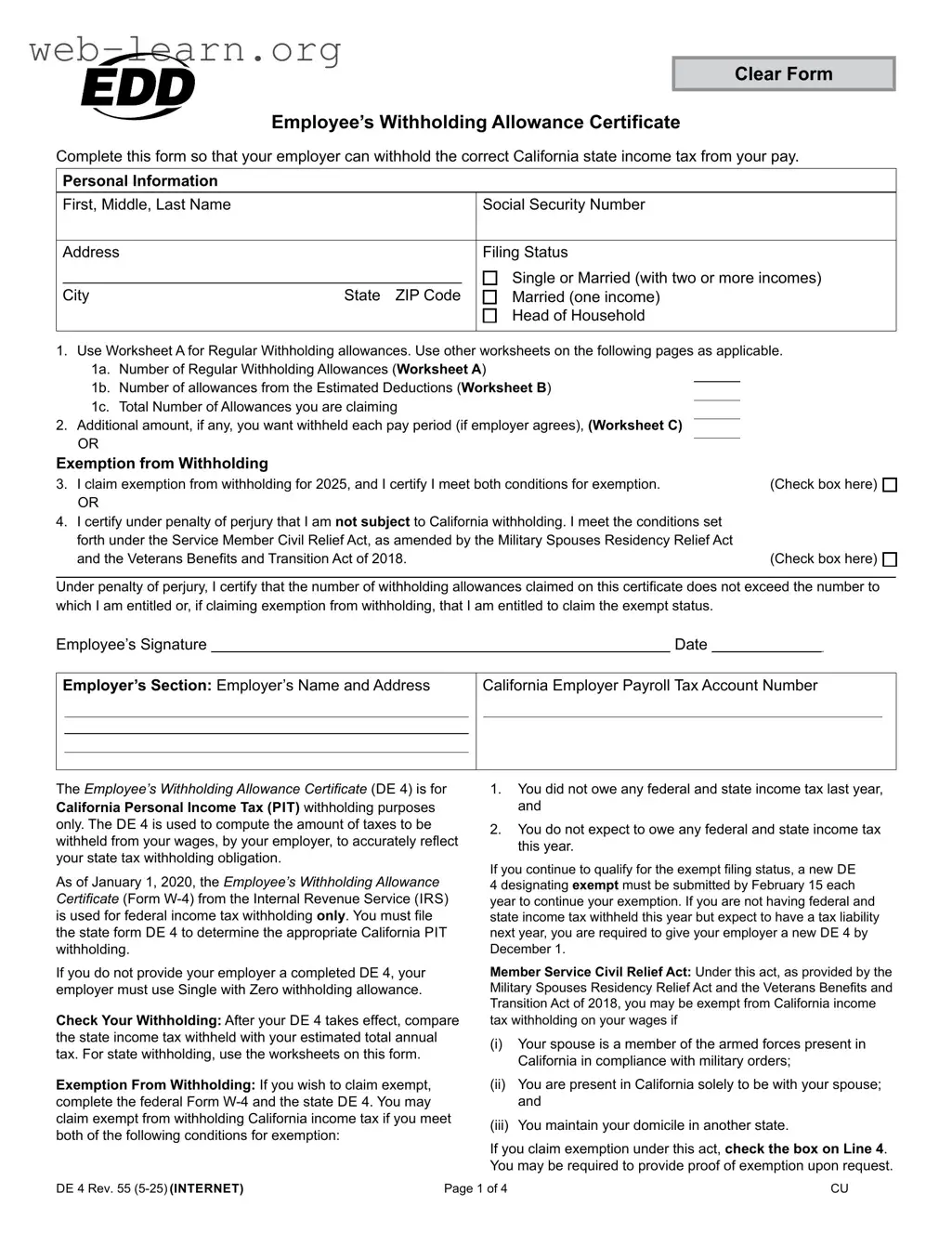 Blank California De 4 Form