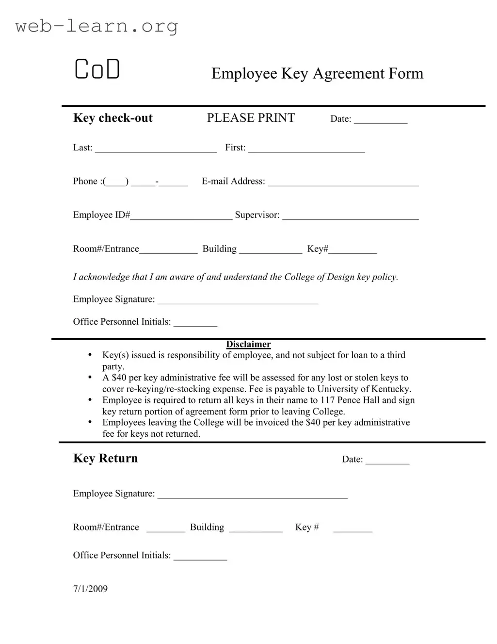 Blank Key Agreement Form