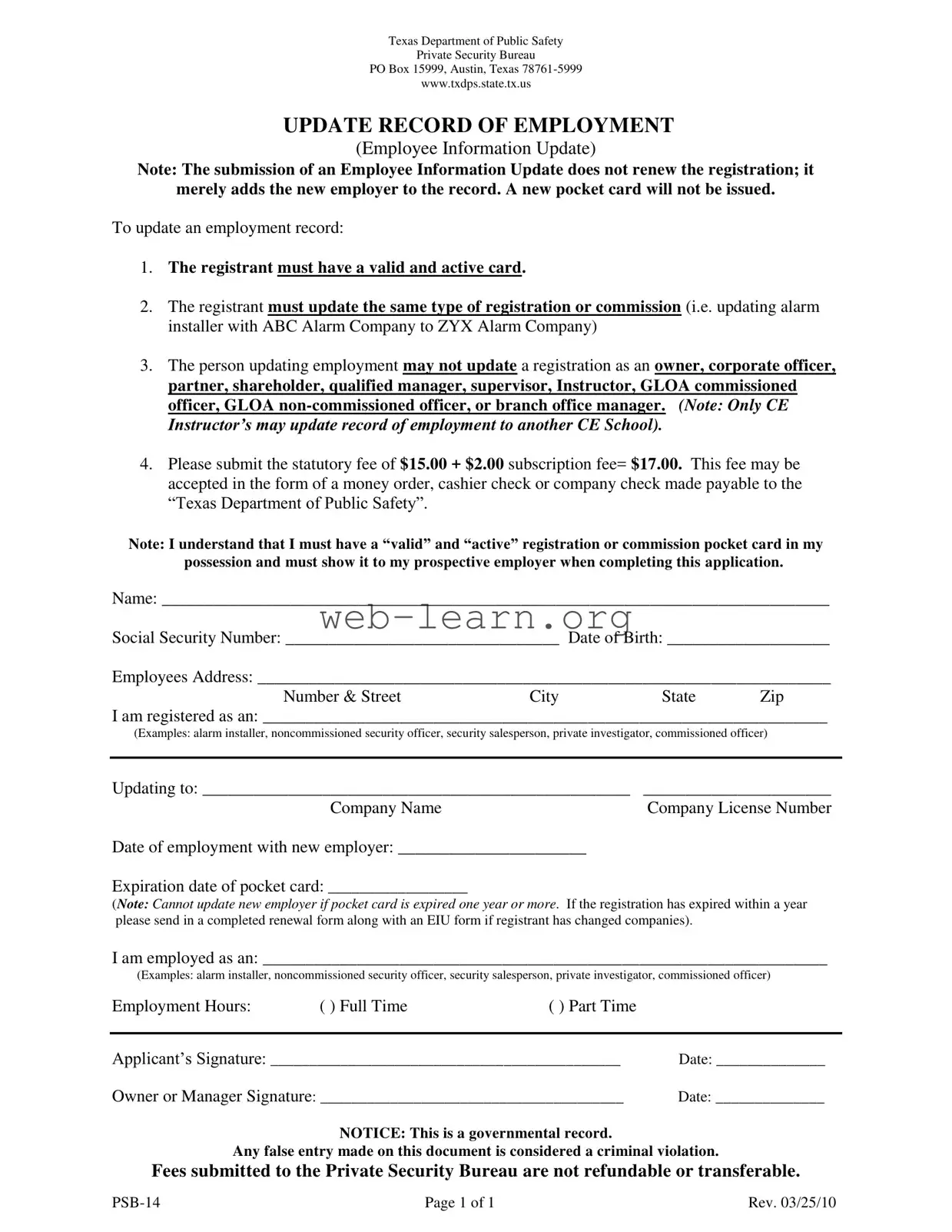 Blank Psb 14 Texas Form