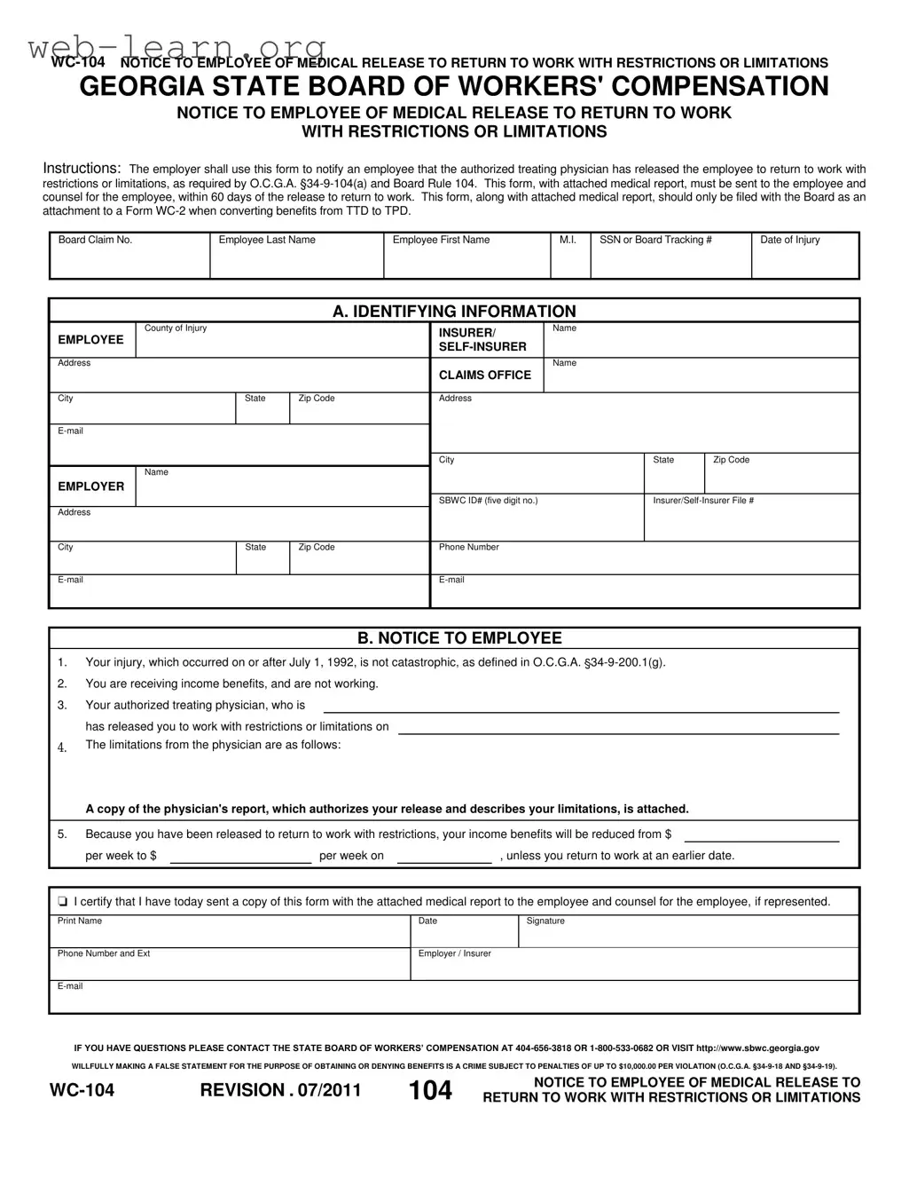 Blank Georgia Wc 104 Form