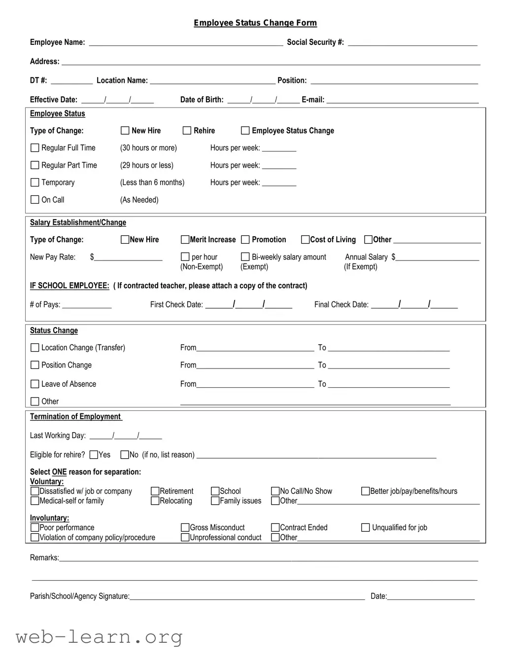 Blank Employee Status Change Form