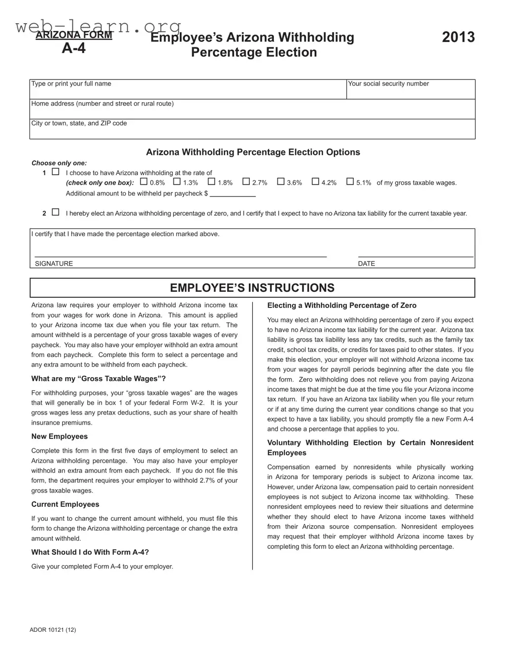 Blank Arizona A 4 Form