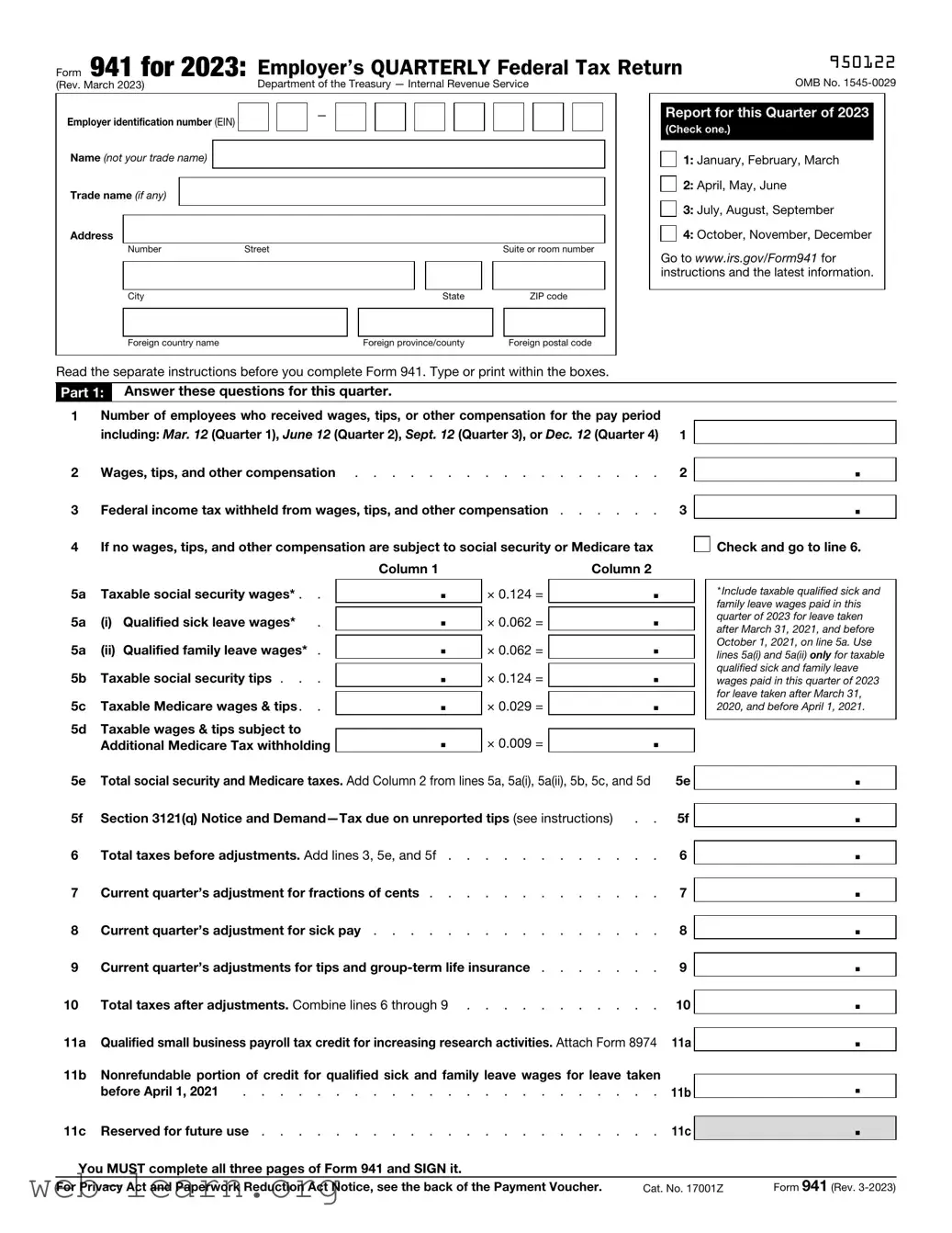 Blank IRS 941 Form