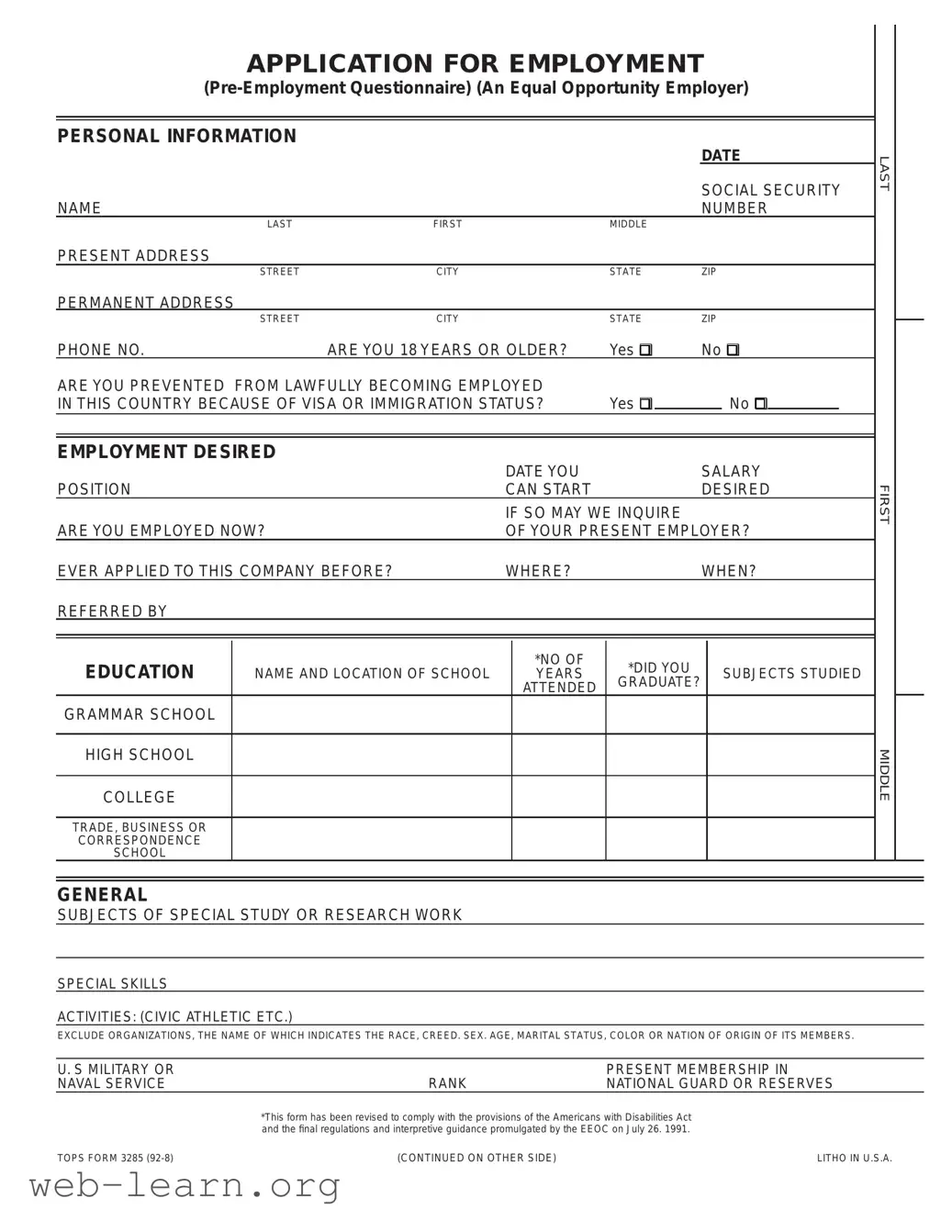 Blank Employment Application Pdf Form
