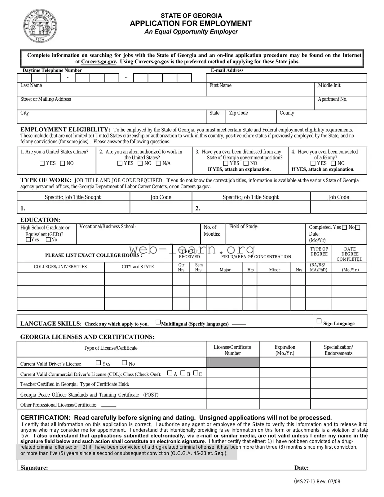 Blank State Of Georgia Application Ms27 1 Form