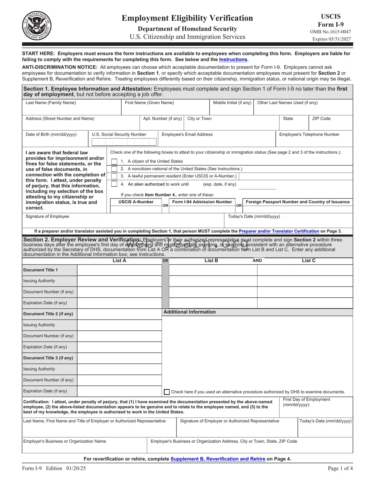 Blank USCIS I-9 Form