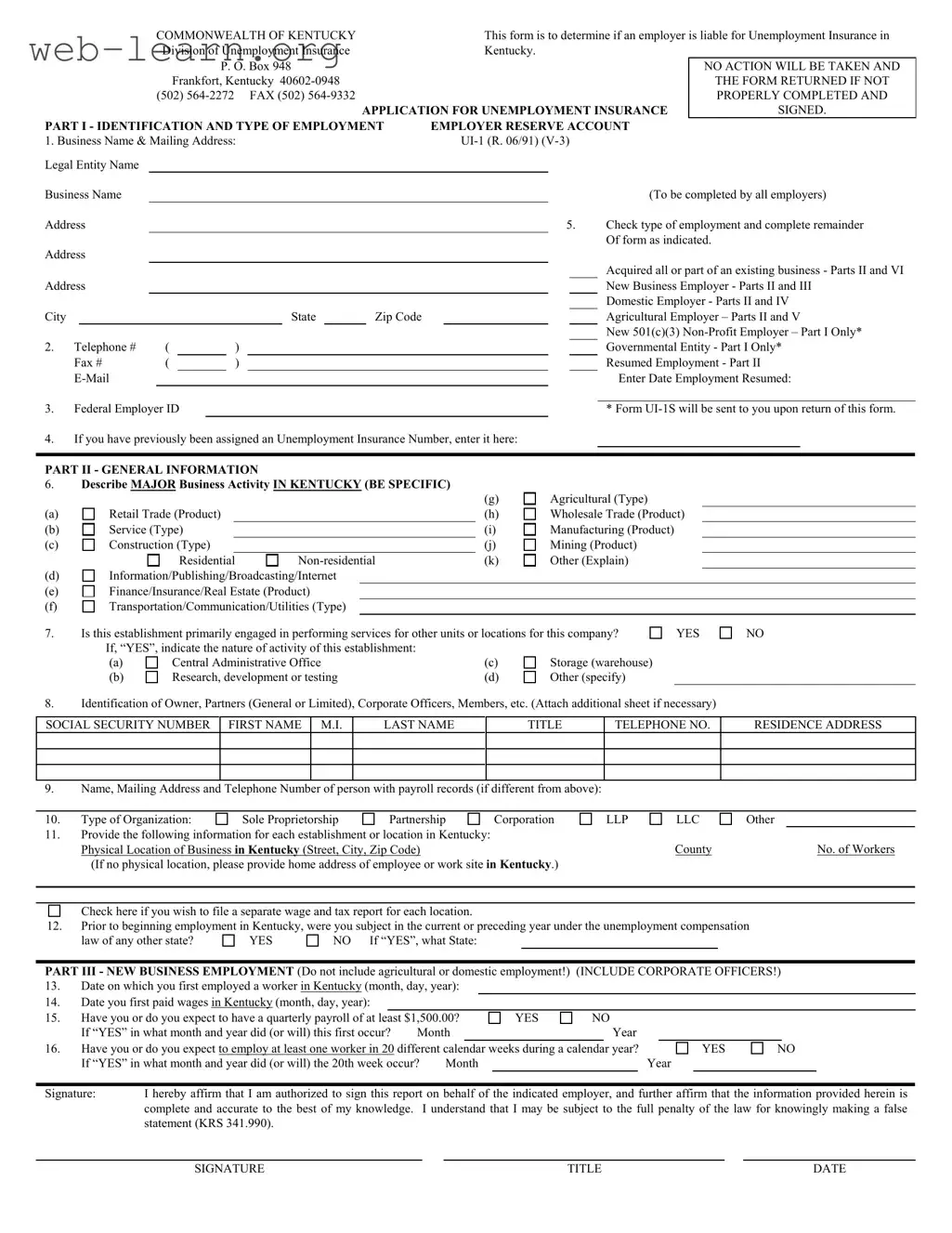 Blank Kentucky Ui 1 Form