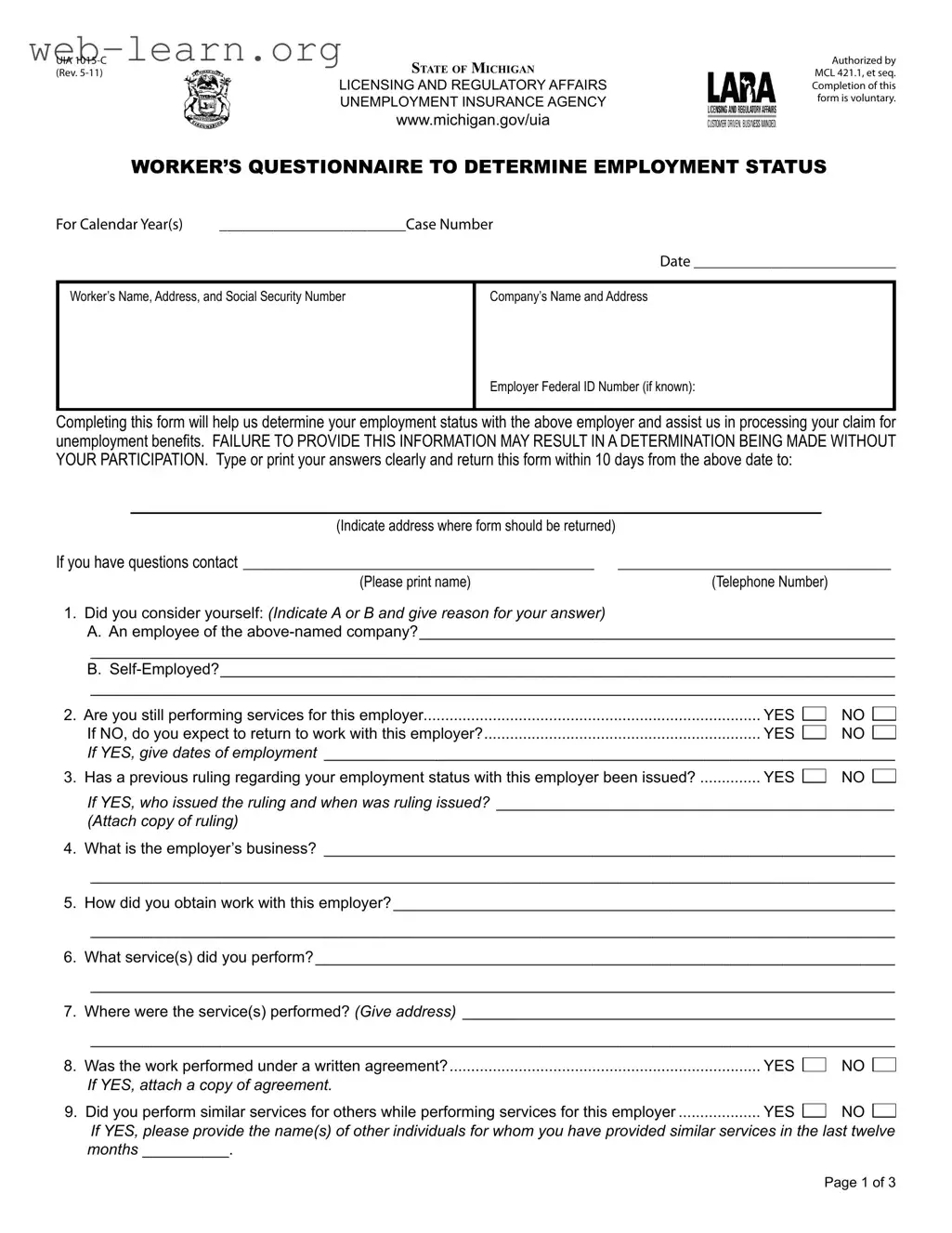 Blank Michigan Uia 1015 C Form