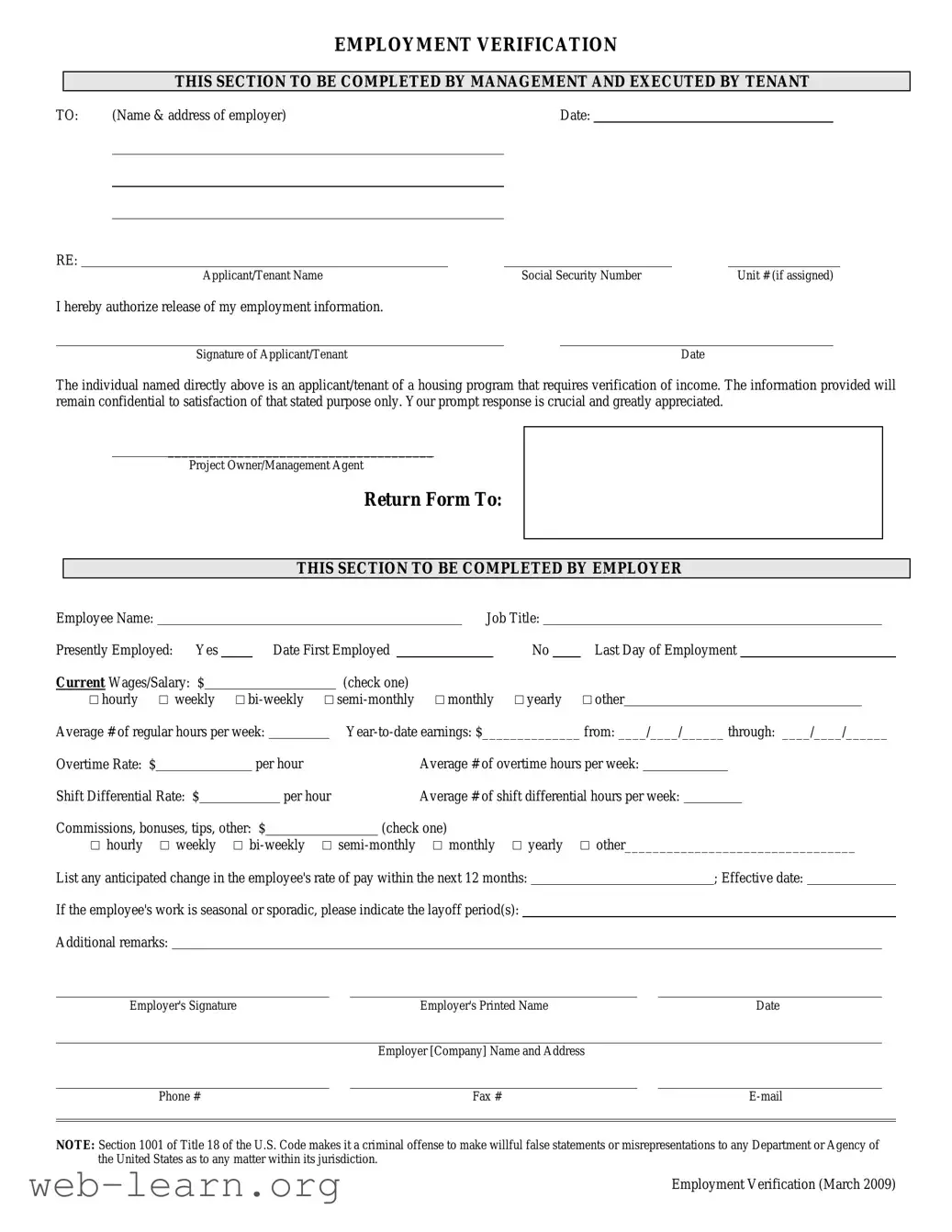Blank Employment verification form Form