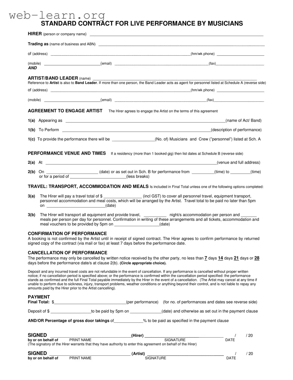 Blank Live Performance Contract Form