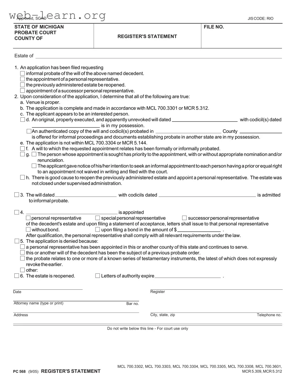 Blank Michigan Pc 568 Form