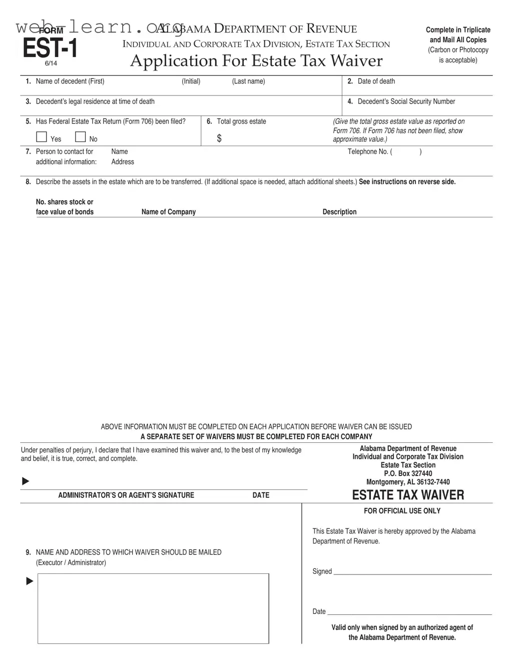 Blank Alabama Est 1 Form