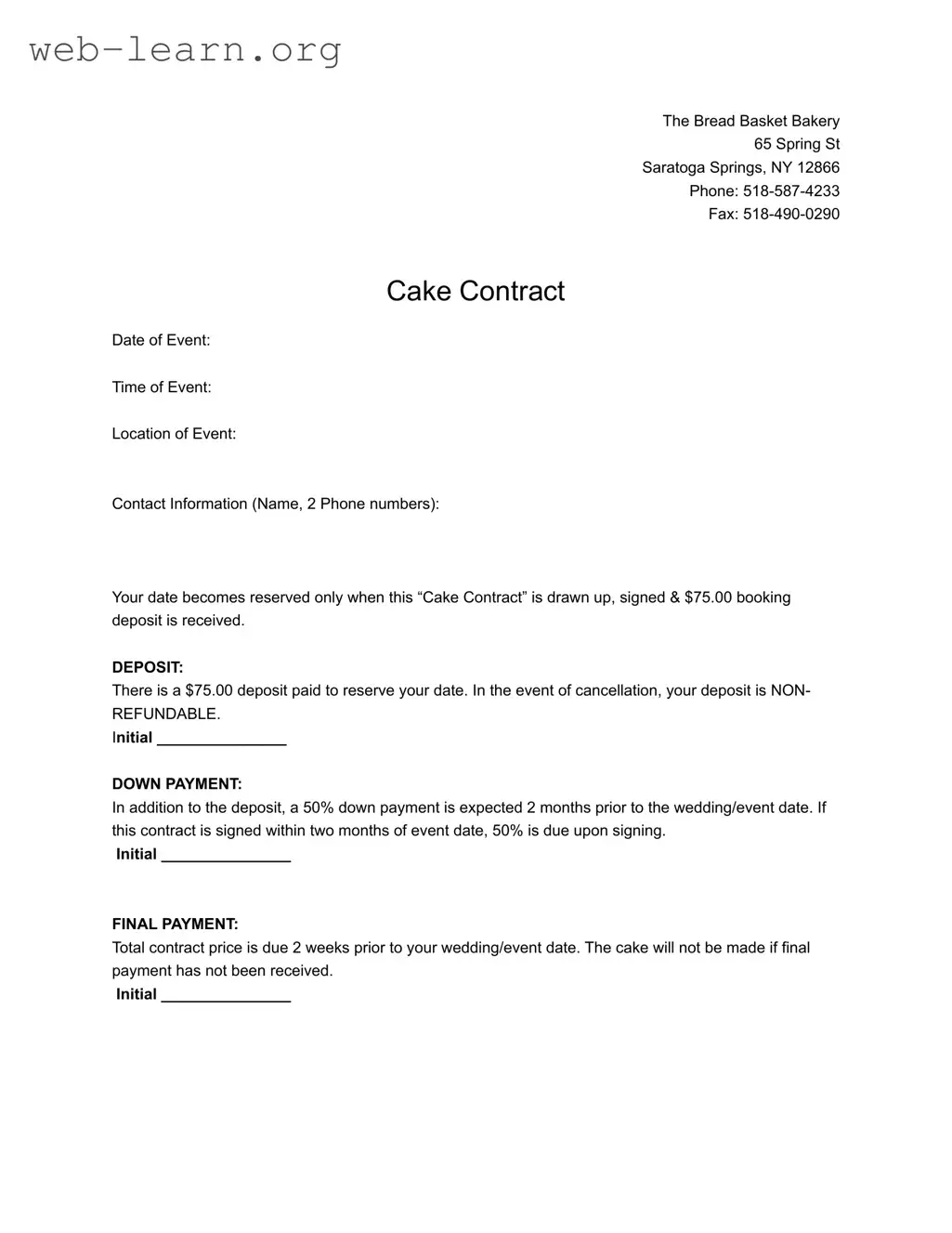 Blank Cake Contract Form