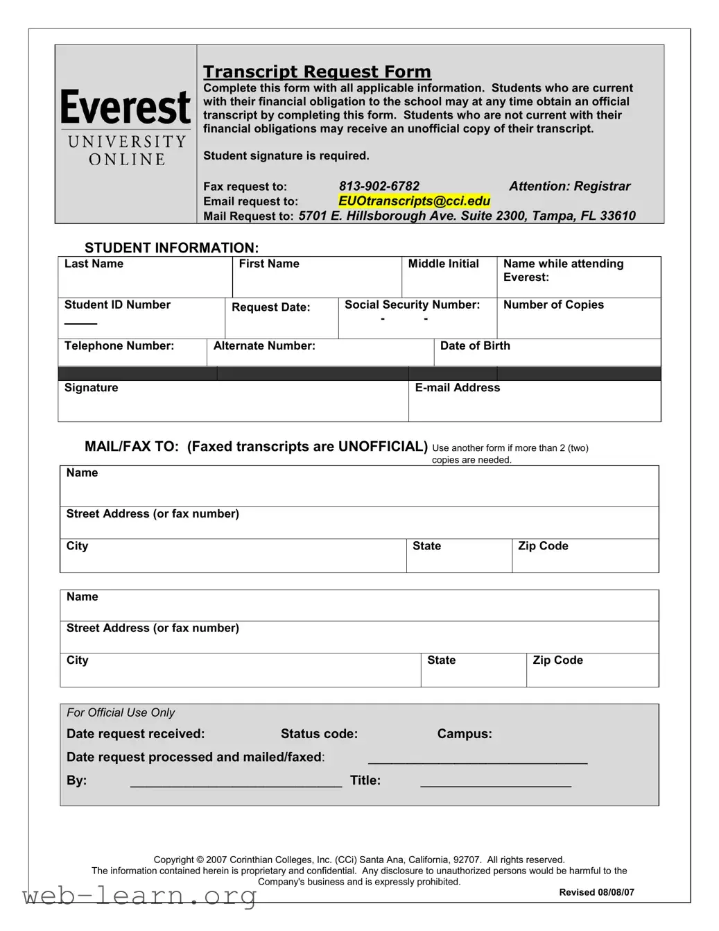 Blank Everest University Transcript Form