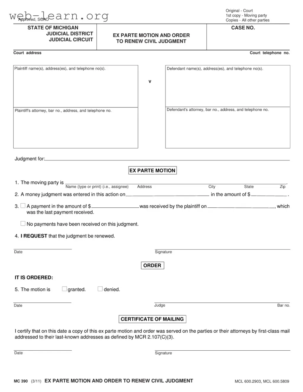 Blank Michigan Ex Parte Form