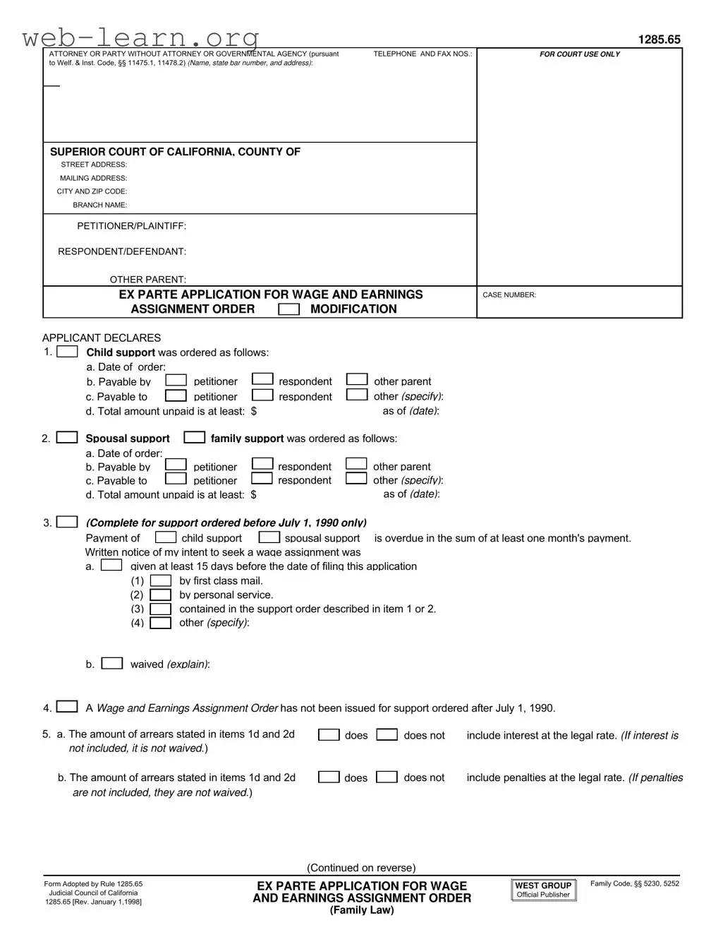Blank California 1285 65 Form