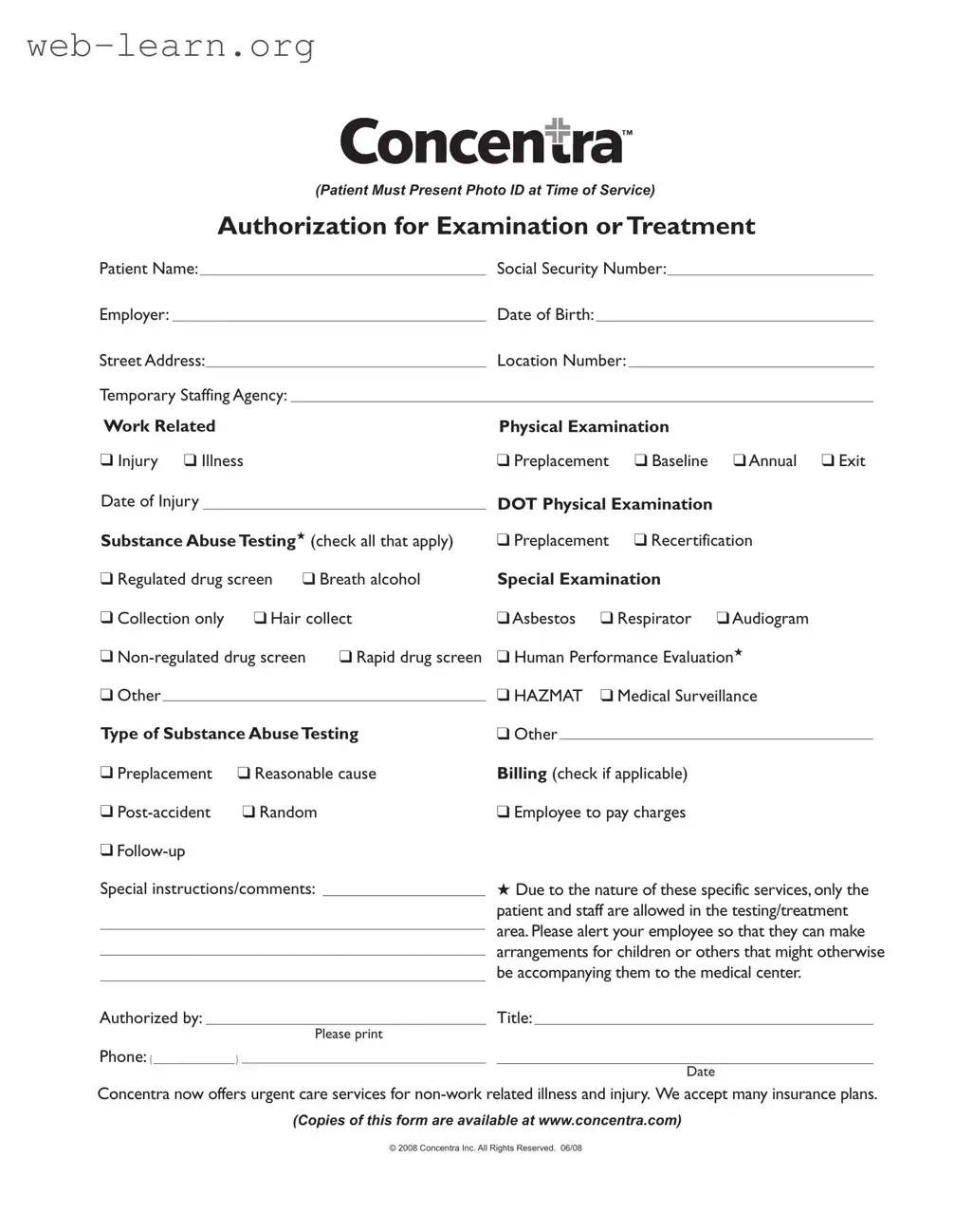 Blank Concentra Authorization Form