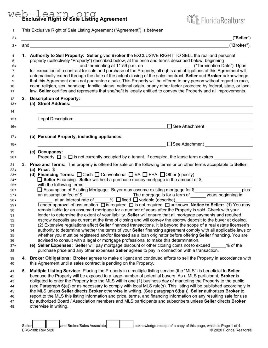 Blank Florida Listing Agreement Form