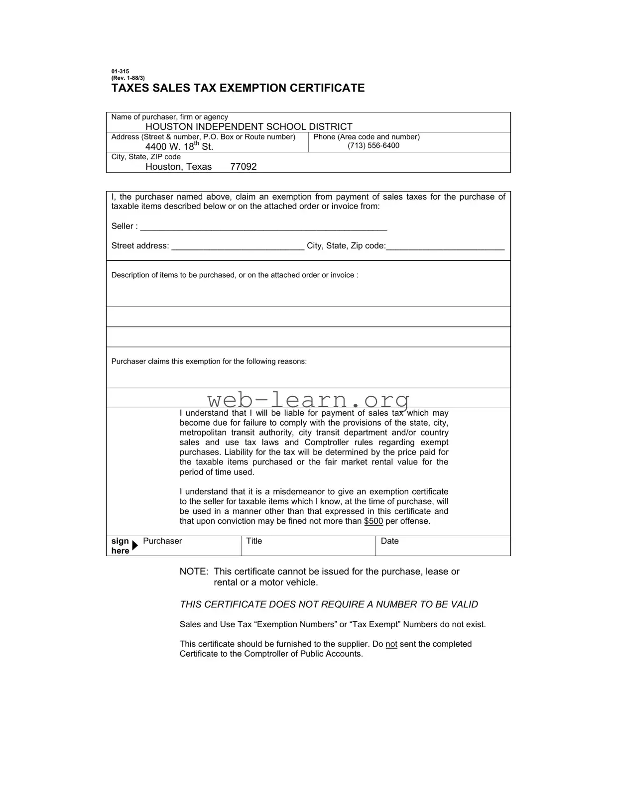 Blank Texas Sales Tax Exemption Certificate Form