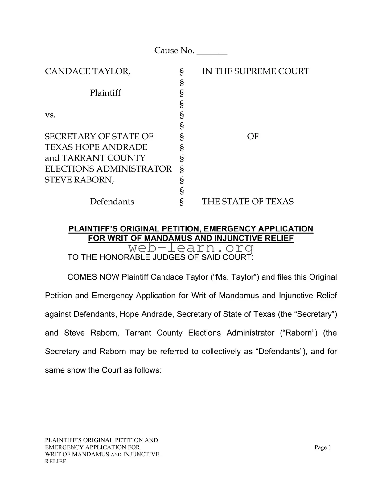 Blank Texas Writ Mandamus Form