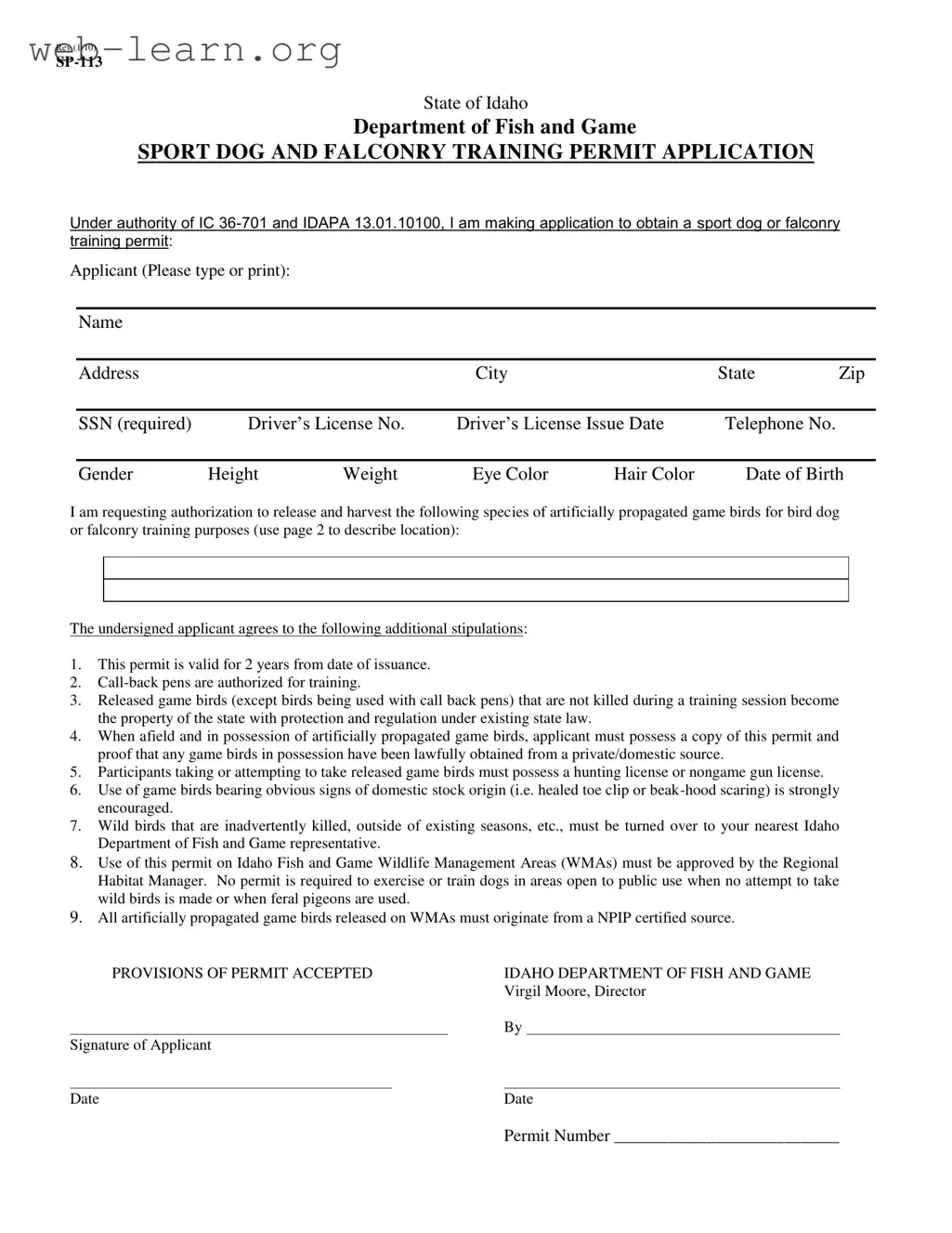 Blank Idaho Sp 113 Form