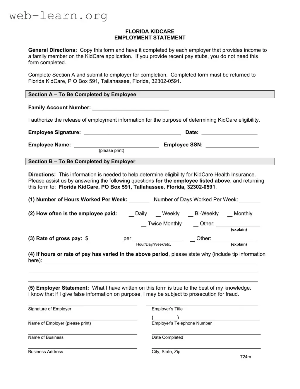 Blank Florida Kidcare Form