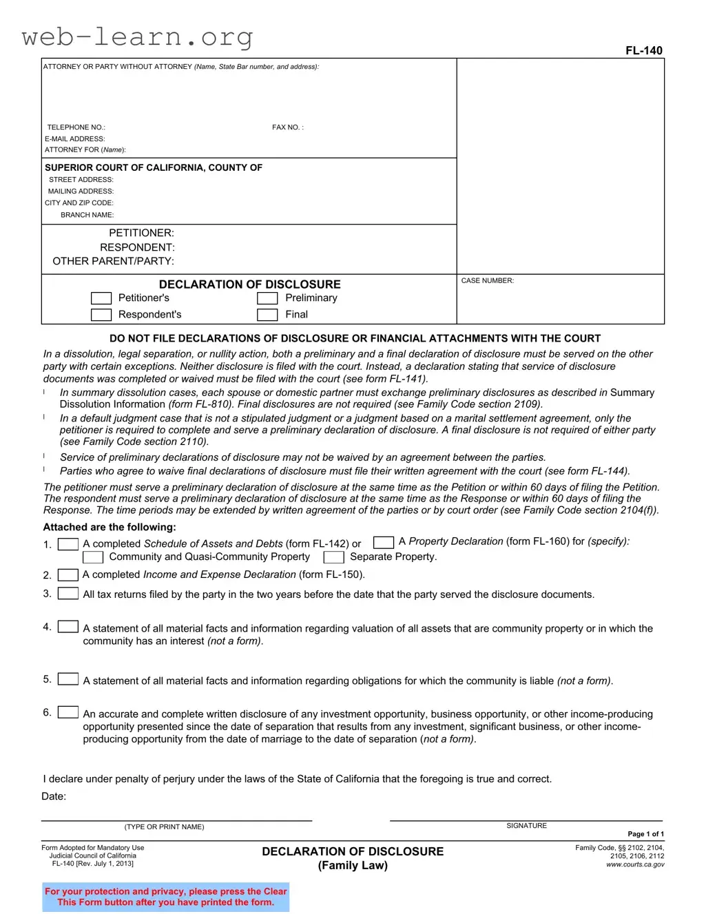 Blank California Fl140 Form