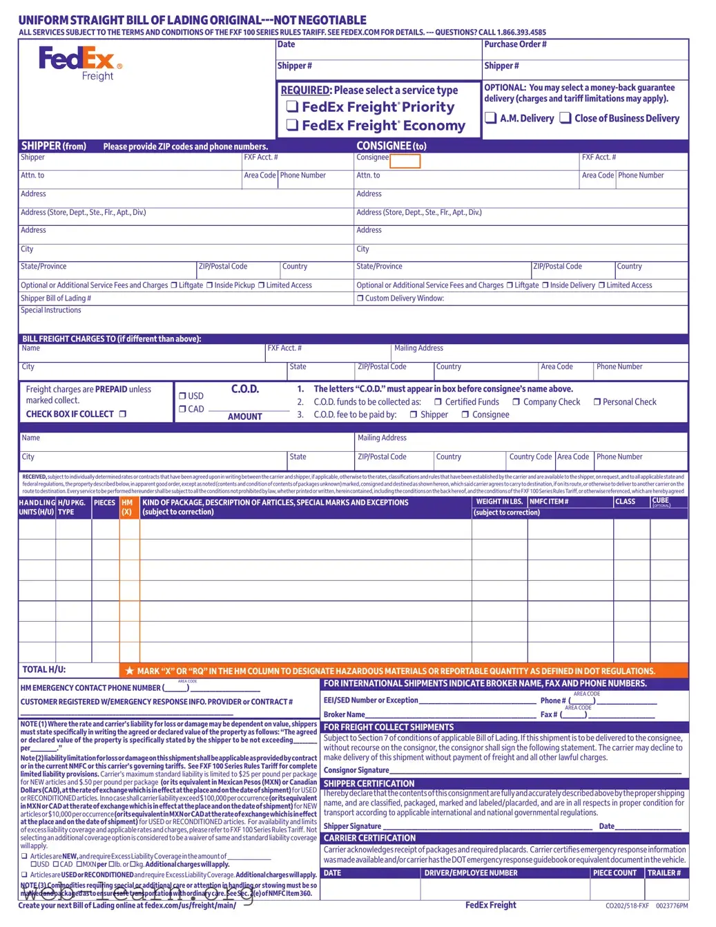 Blank Fedex Bill Of Lading Form