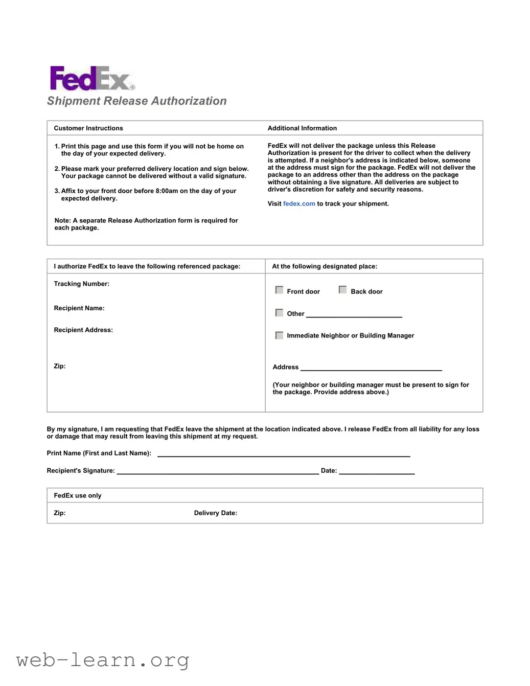Blank Fedex Release Form