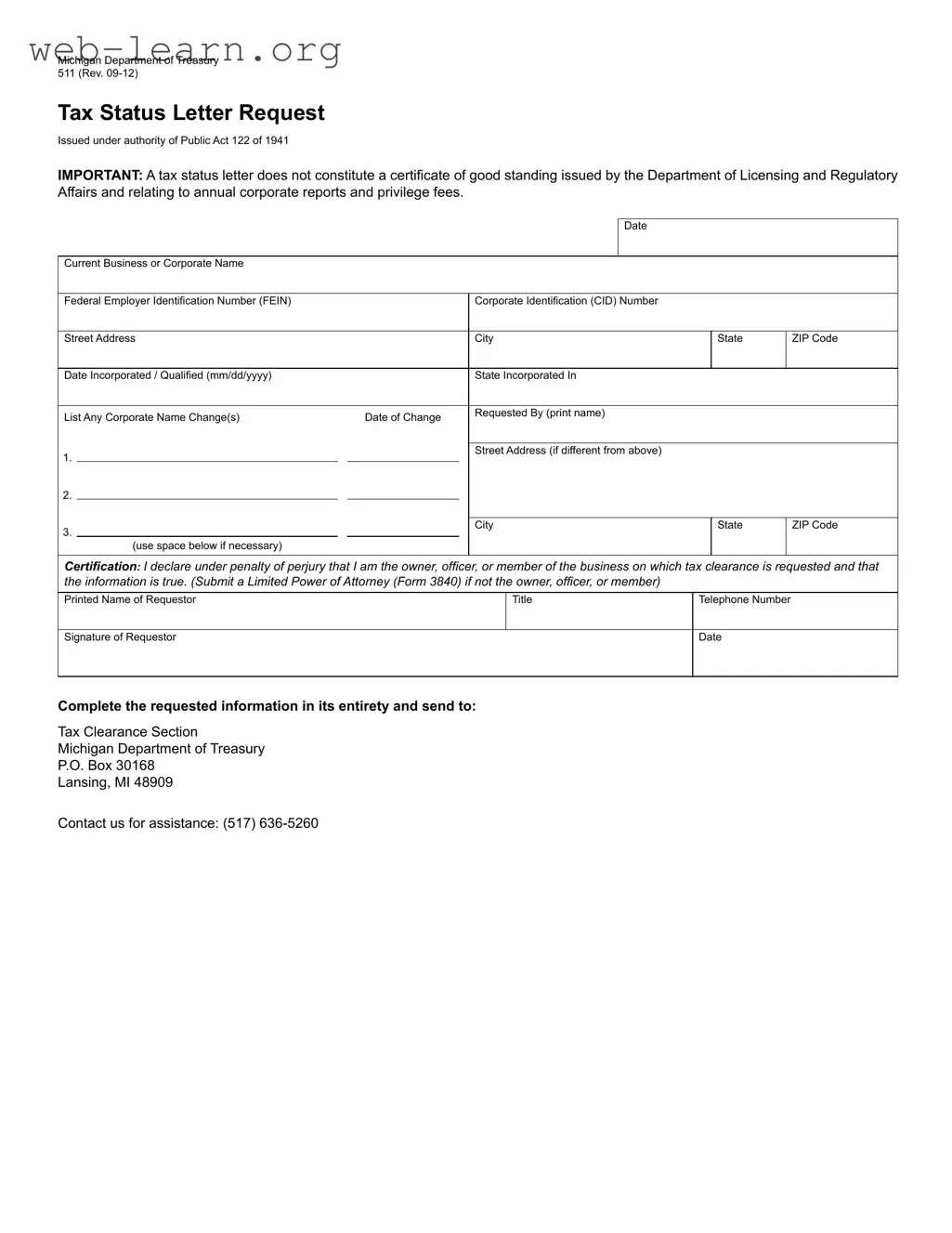 Blank Michigan 511 Form