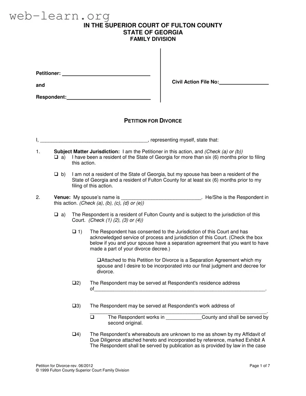 Blank Georgia Divorce Form