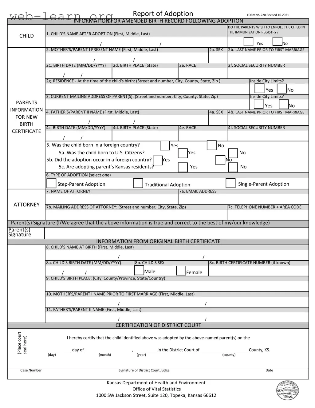 Blank Kansas Report Of Adoption Form
