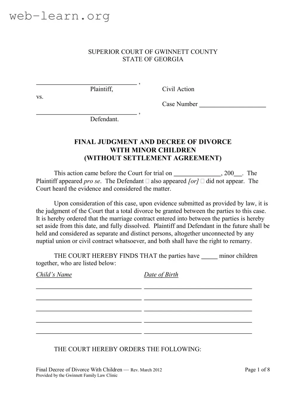 Blank Georgia Final Decree Divorce Form