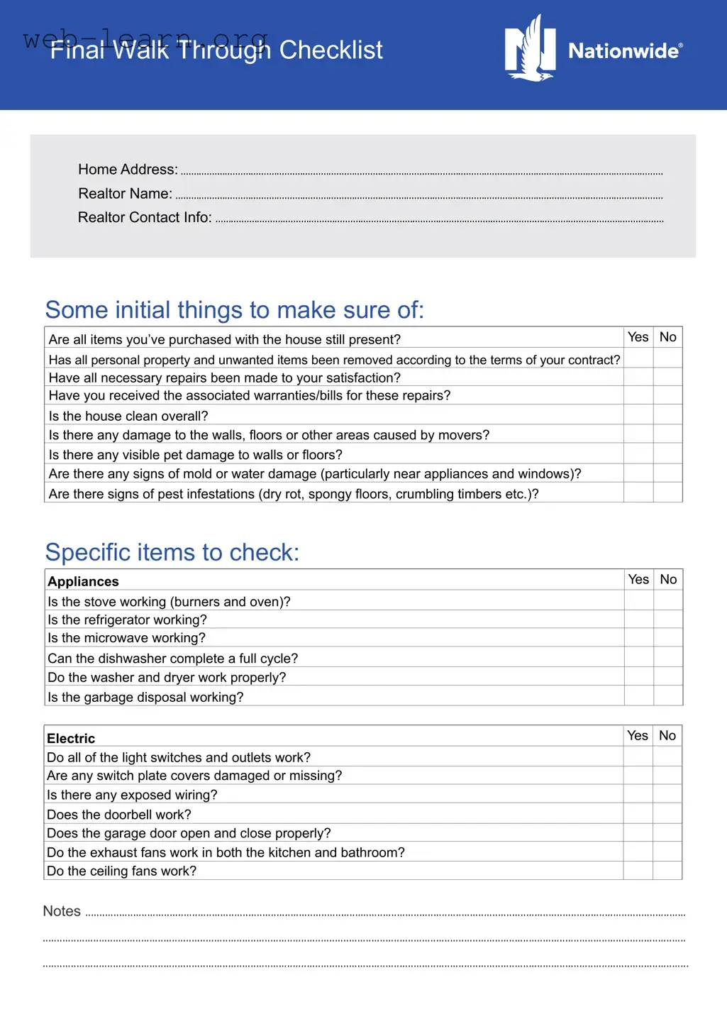 Blank Final Walk Through Checklist Form