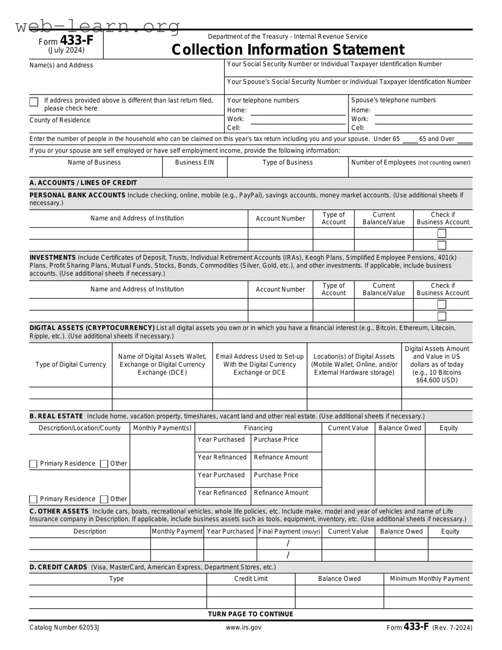 Blank IRS 433-F Form