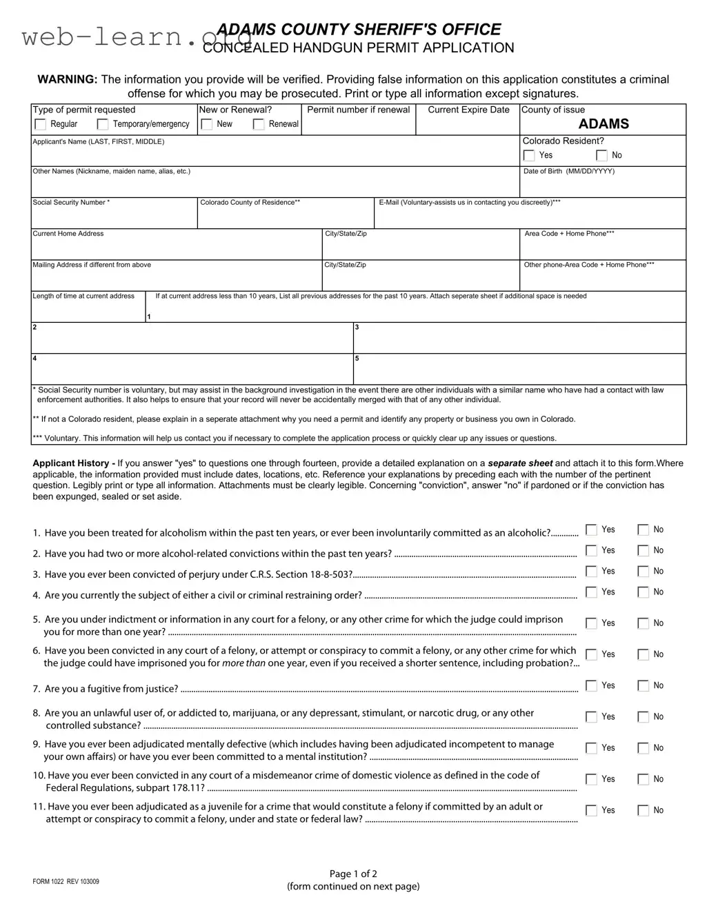 Blank Adams County Colorado Concealed Permit Form