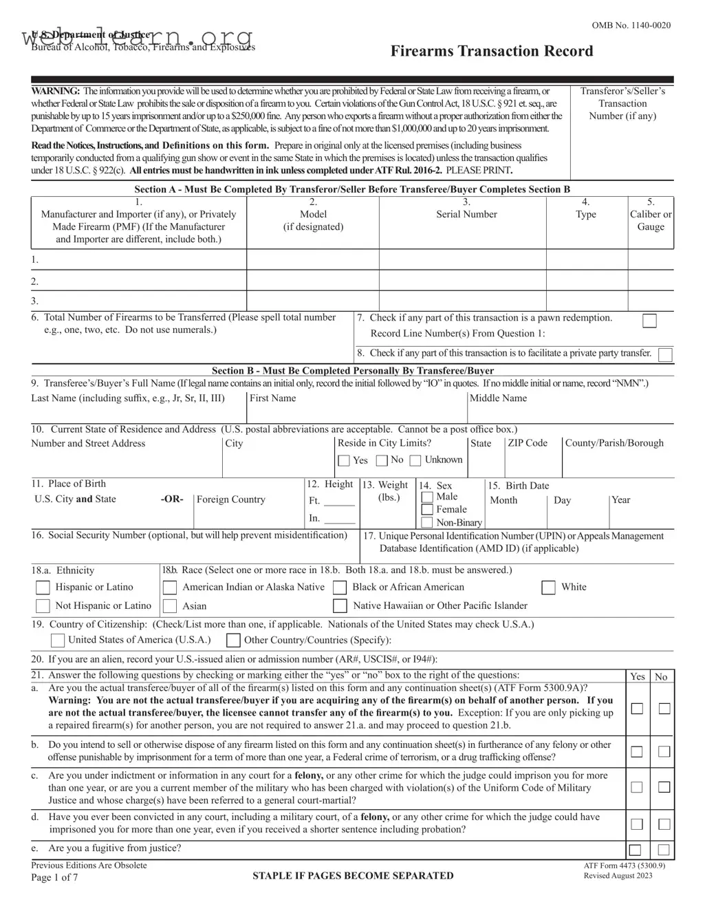 Blank ATF 4473 Form
