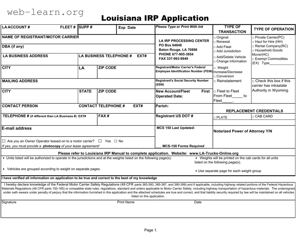 Blank Louisiana Irp Application Form