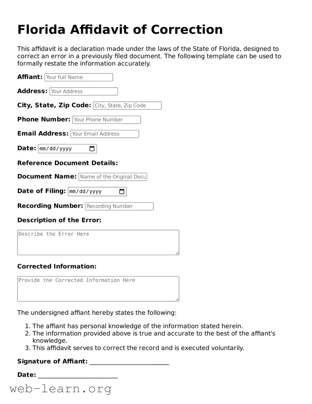 Attorney-Approved Affidavit of Correction Document for the State of Florida