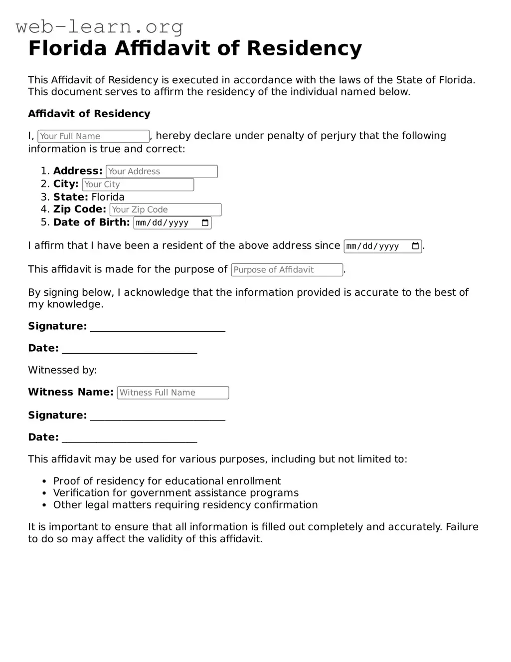 Attorney-Approved Affidavit of Residency Document for the State of Florida
