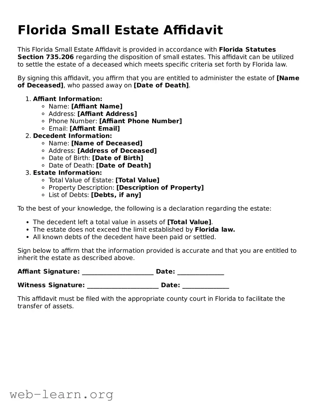 Attorney-Approved Small Estate Affidavit Document for the State of Florida