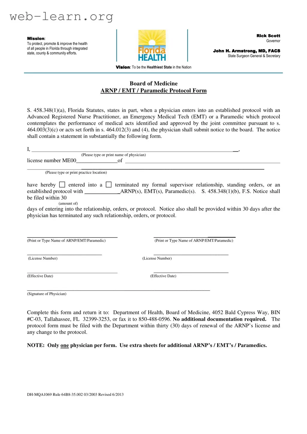 Blank Arnp Florida Protocol Form