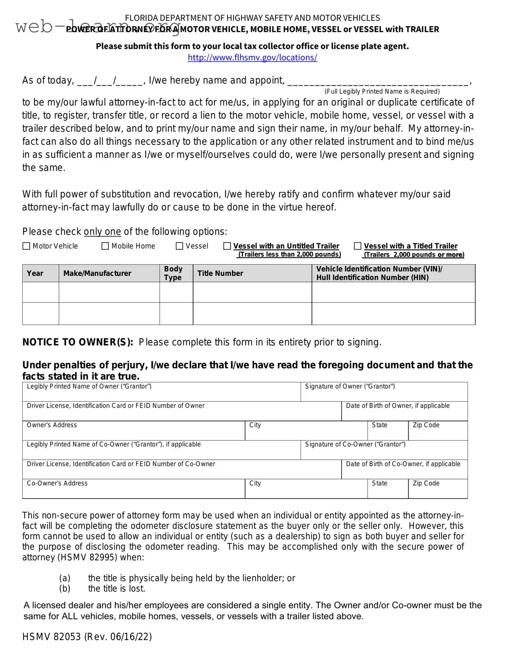 Blank Florida Vehicle POA form 82053 Form
