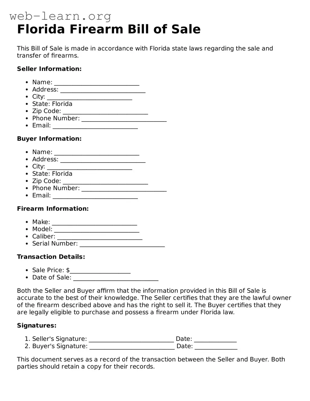 Attorney-Approved Firearm Bill of Sale Document for the State of Florida